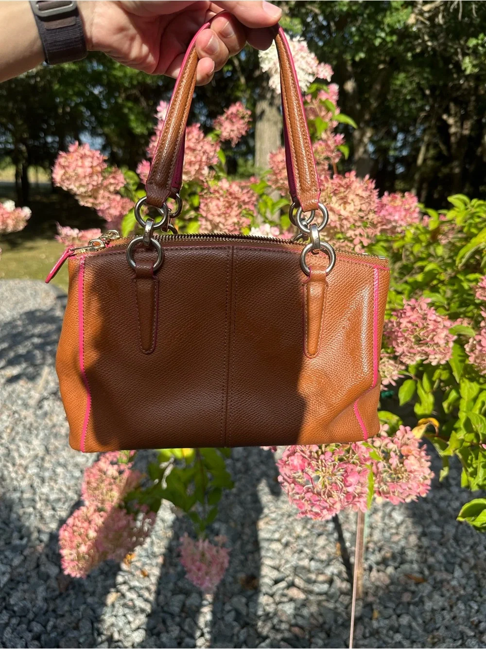 Coach Brown Leather Shoulder Bag with Pink Trim